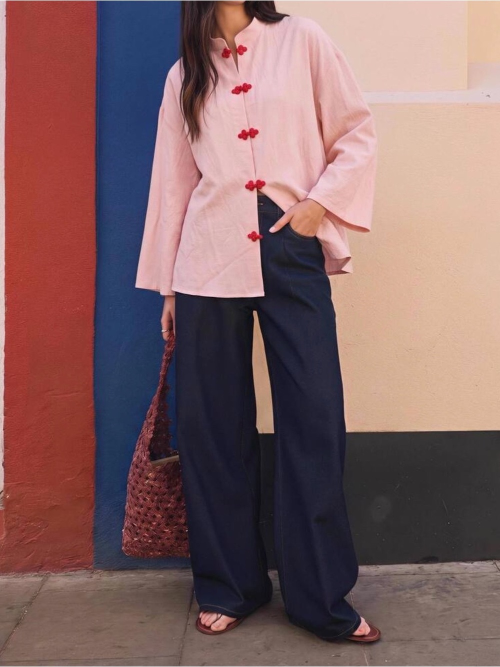 Pink Mandarin Collar Button-Front Blouse with Red Knot Buttons